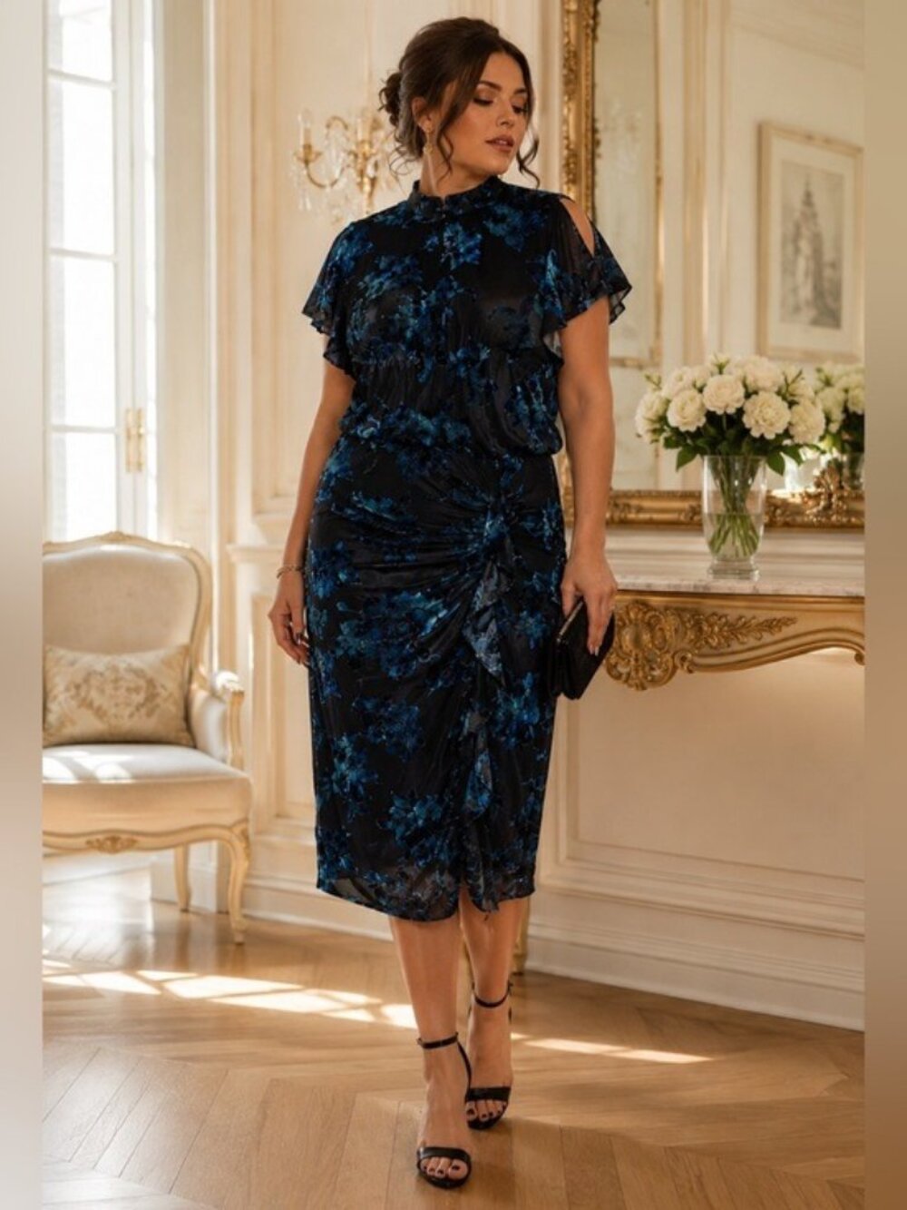 Julia Jordan Blue Floral Burnout Velvet Midi Dress 18W Whimsigoth Fairycore